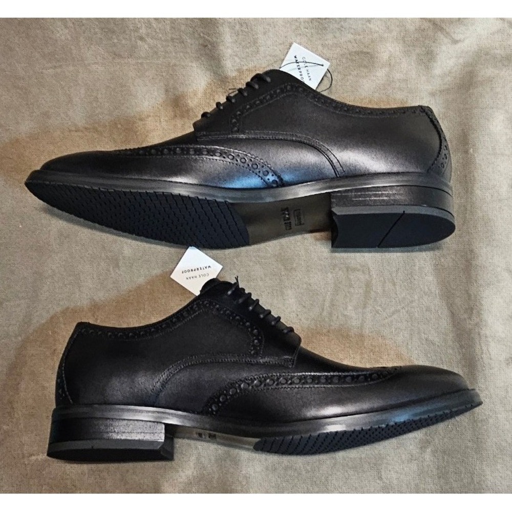 Cole Haan Mens 9.5 ME Wing Oxford Black Waterproof Leather Wingtip Shoes C34262 - Picture 4 of 8